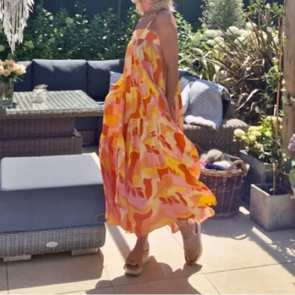ANTHROPOLOGIE ABEL THE LABEL Sunset Floral Tiered Boho Tropical Maxi Dress Small - Picture 2 of 16